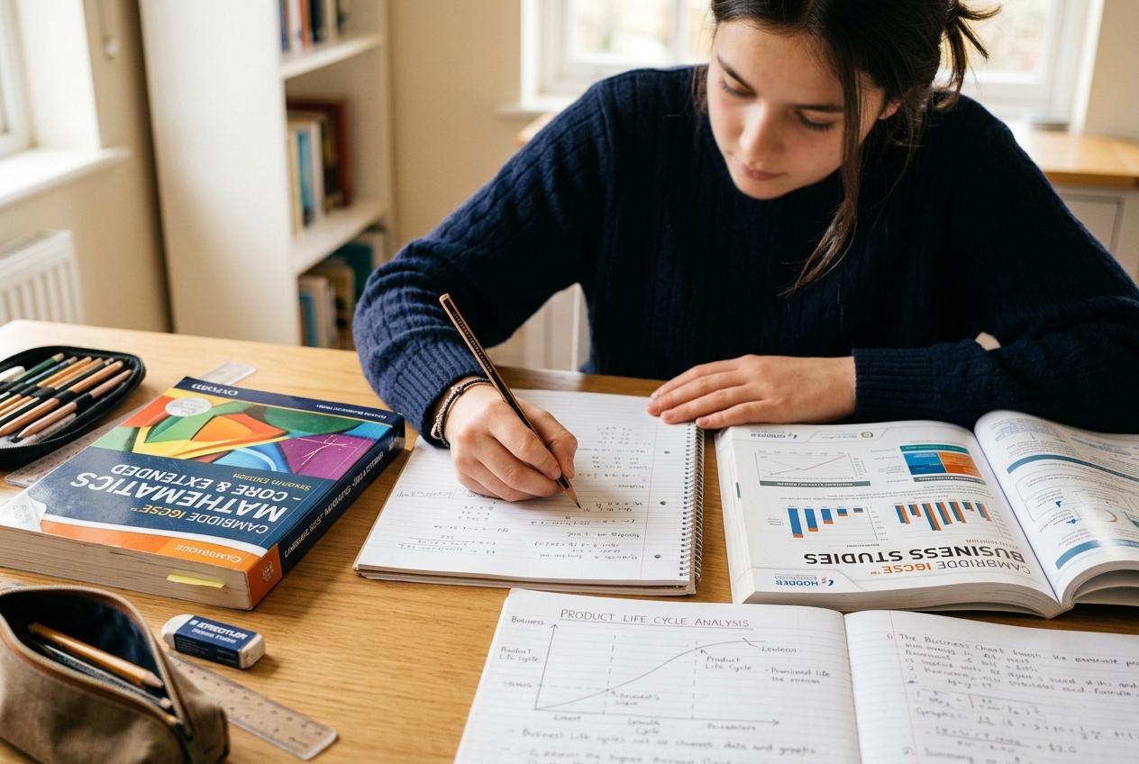 Cambridge IGCSE tutoring notes and business charts