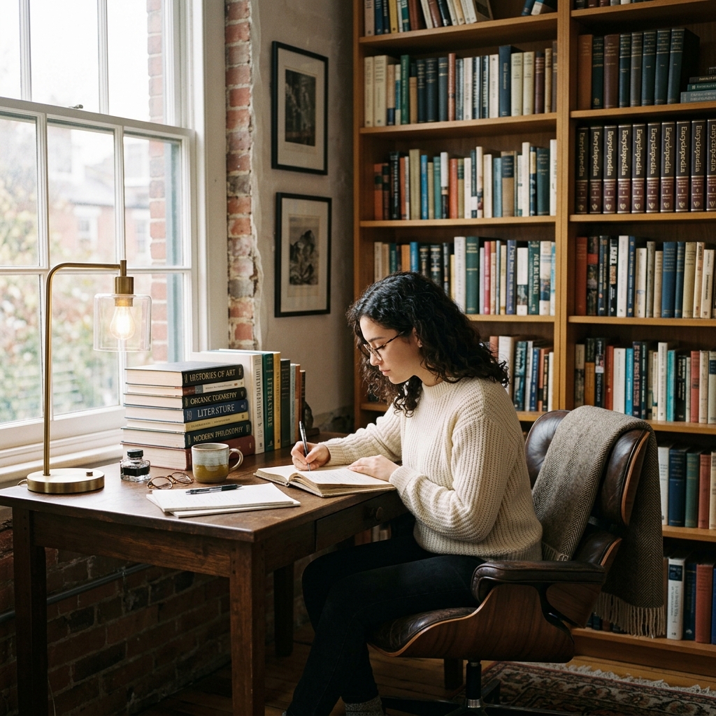 Doubt-solving space with desks and books